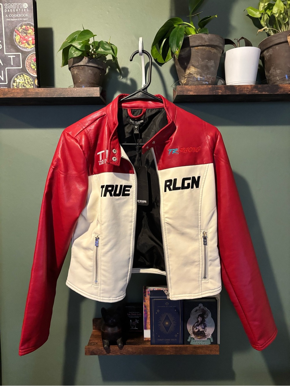 True Religion Red and White Leather Moto Jacket
